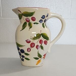 Vintage Ceramic Pitcher Floral Vase with Hand-Painted Berry-ies Floral Art